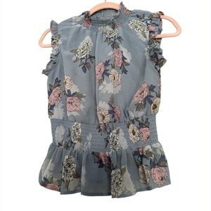 Japna Blue floral sleeveless blouse with ruffle detail size M #floralblouse